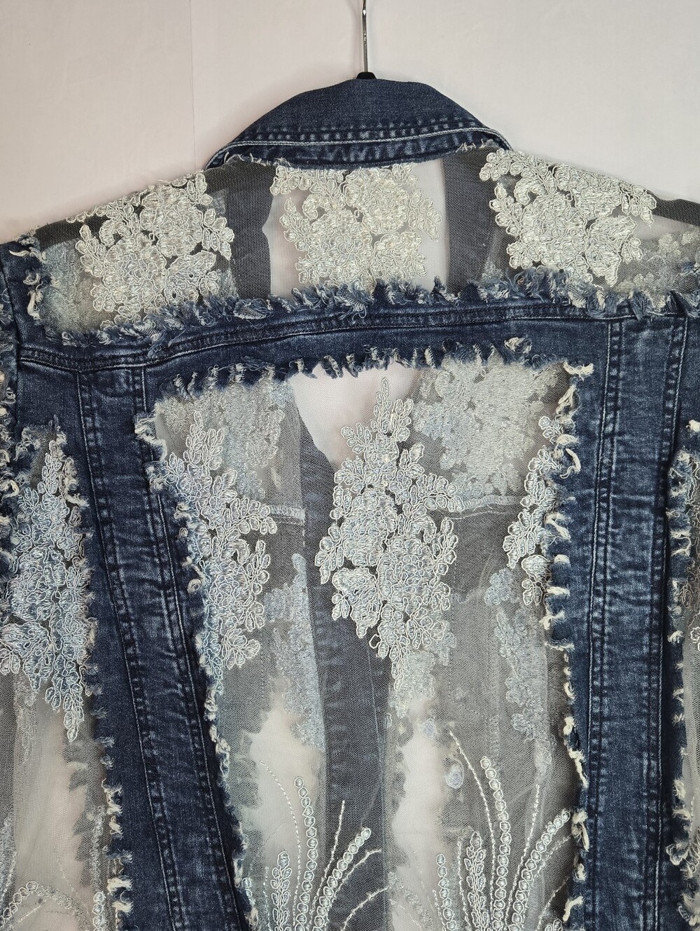 John Mark Women Size S Denim & Lace Cutout Button front Jacket, Patch Pockets - Picture 9 of 13